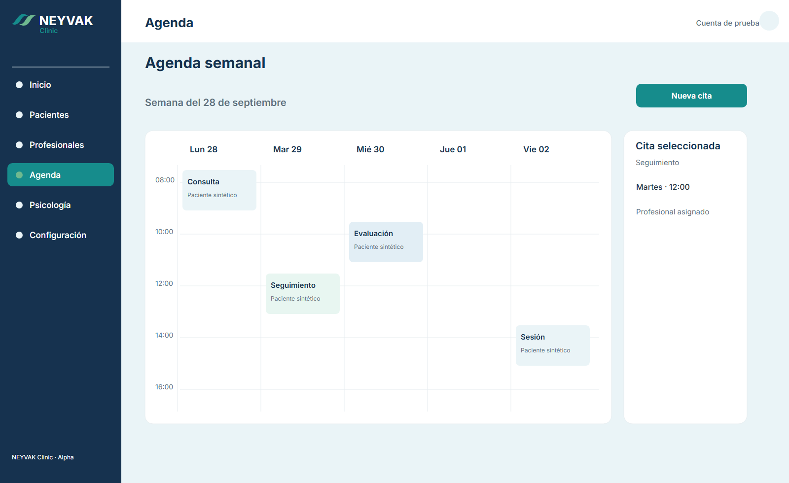 Referencia visual canónica de agenda de NEYVAK Clinic, con datos sintéticos